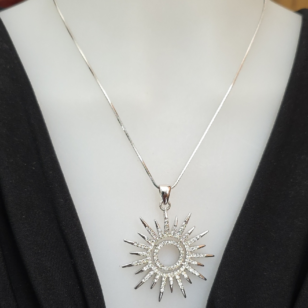 Silver Celestial Sunburst CZ Pendant Necklace - Picture 6 of 10